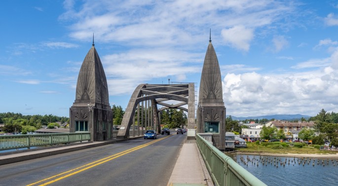 Walking on the bridge over the Siuslaw River at Florence Oregon